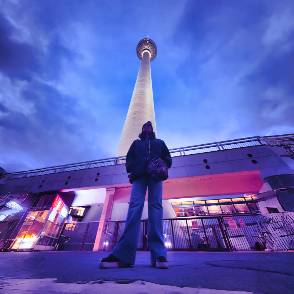 A low angle shot of the artist, by night, with the Berlin TV Tower in the background, with blue and purple lights and colours.